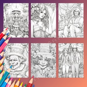 Może przedstawiać: Sześć czarno-białych ilustracji przedstawiających osoby i sceny z cyrku. Ilustracje przedstawiają kobietę z długimi włosami, klauna w dużym kapeluszu, parę i mężczyznę w cylindrze.