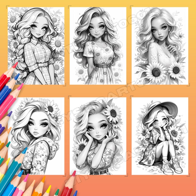 Sunflower coloring, Coloring book, Adult coloring, Girl coloring, Flower coloring, Sunflower girl, Grayscale book, Printable book, Sunflower field, Cute coloring, Flower pages, Sunflower print, Flower book