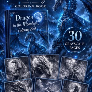 Alt text
Fantasy dragon coloring book pin featuring a glowing blue dragon under the moonlight, grayscale dragon coloring pages, and printable fantasy coloring book previews for kids and adults.