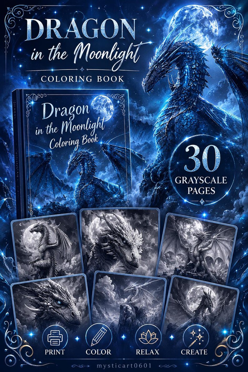 Alt text
Fantasy dragon coloring book pin featuring a glowing blue dragon under the moonlight, grayscale dragon coloring pages, and printable fantasy coloring book previews for kids and adults.