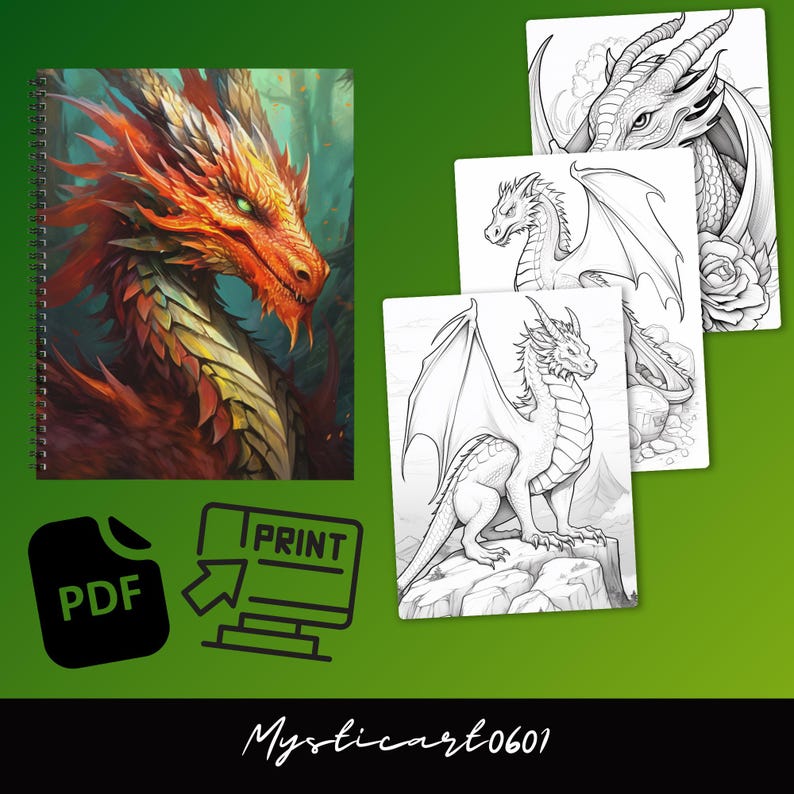 Målarbok för vuxna med drakfantasi för vuxna och tonåringar, 10 fantasy-målarbilder, utskrivbar PDF direktnedladdning bild 3