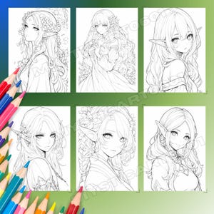 Op de afbeelding: Zes zwart-wit illustraties van anime-achtige elfen vrouwen met lang haar, puntige oren en bloemaccenten. De afbeeldingen zijn gerangschikt in een raster, met kleurpotloden op de voorgrond.