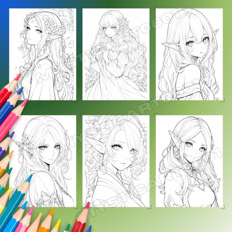 Op de afbeelding: Zes zwart-wit illustraties van anime-achtige elfen vrouwen met lang haar, puntige oren en bloemaccenten. De afbeeldingen zijn gerangschikt in een raster, met kleurpotloden op de voorgrond.