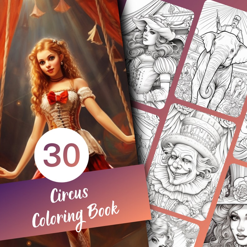 Może przedstawiać: Książka do kolorowania z okładką przedstawiającą kobietę w czerwono-białej sukni huśtającą się na trapezie. Okładka zawiera r&oacute;wnież tekst "30 Circus Coloring Book".