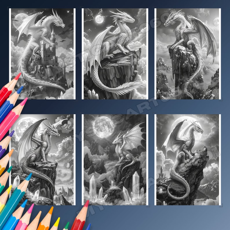 May include: Six black and white illustrations of dragons perched on rocky cliffs. Each dragon has a different pose and is surrounded by a fantastical landscape.