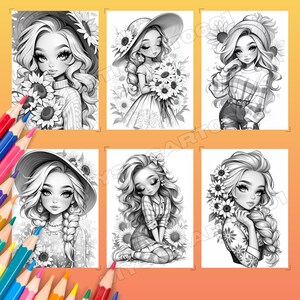 Sunflower coloring, Coloring book, Adult coloring, Girl coloring, Flower coloring, Sunflower girl, Grayscale book, Printable book, Sunflower field, Cute coloring, Flower pages, Sunflower print, Flower book