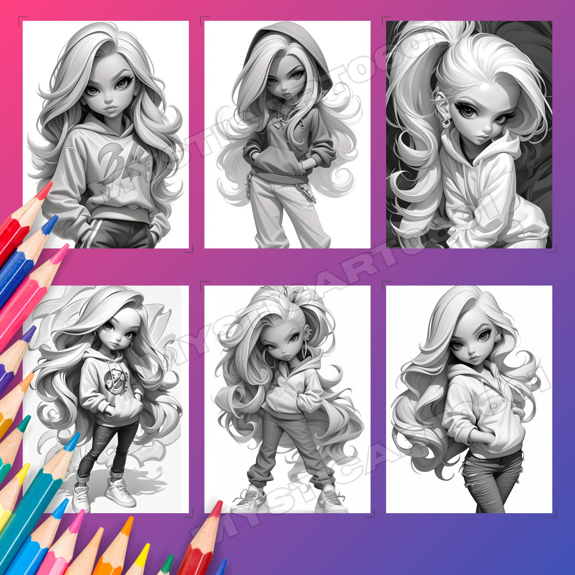 Cute Girls Grayscale Coloring Book – 30 Page Printable (PDF) - Etsy