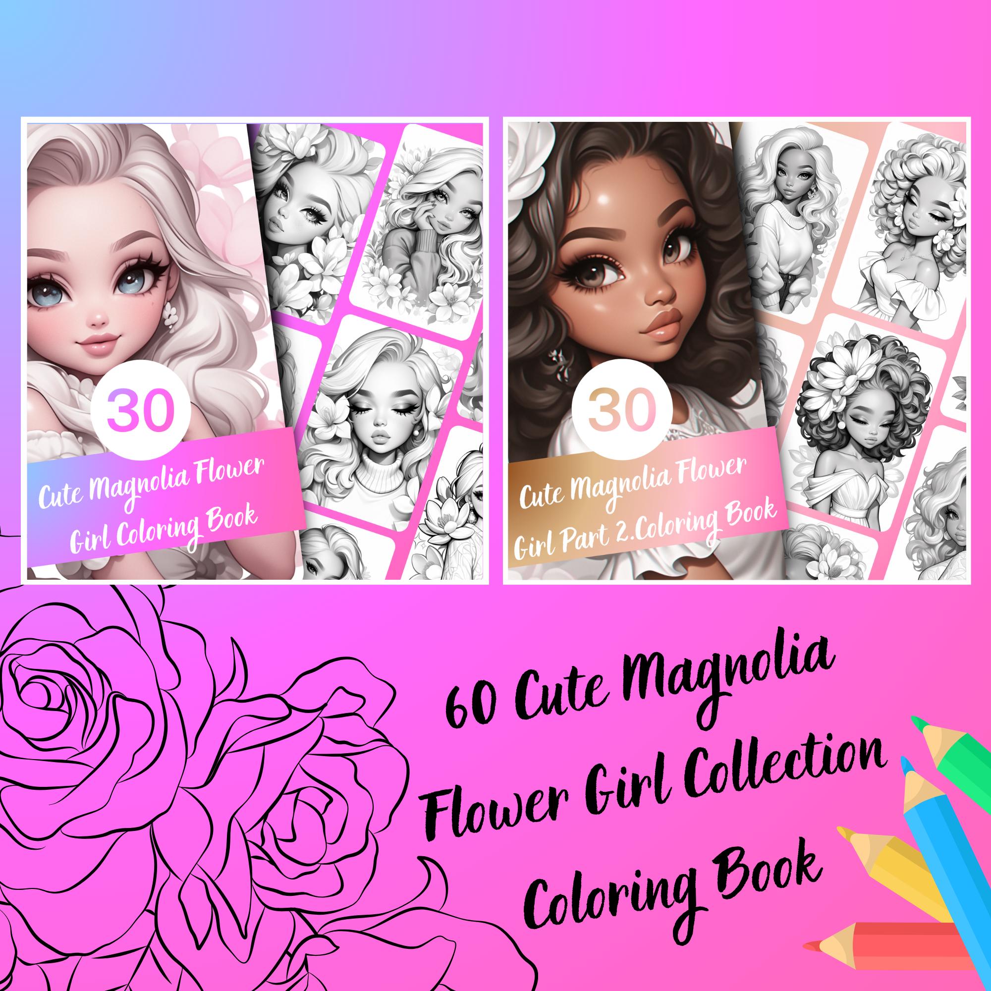 Magnolia Flower Girl Coloring Book – 60 Page Grayscale Art (printable ...