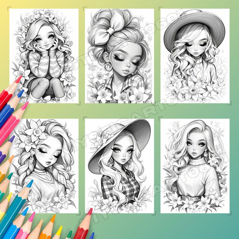 Daffodil Flower Girl Coloring Book for Adults and Teens, 30 Grayscale ...