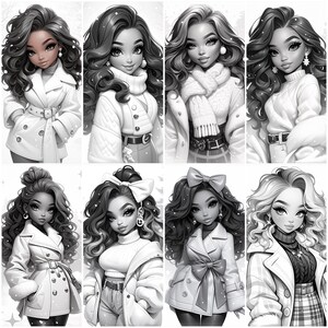 May include: Eight illustrations of women with different hairstyles and winter outfits. Each woman is wearing a white coat, a scarf, and a hat. The illustrations are in black and white.