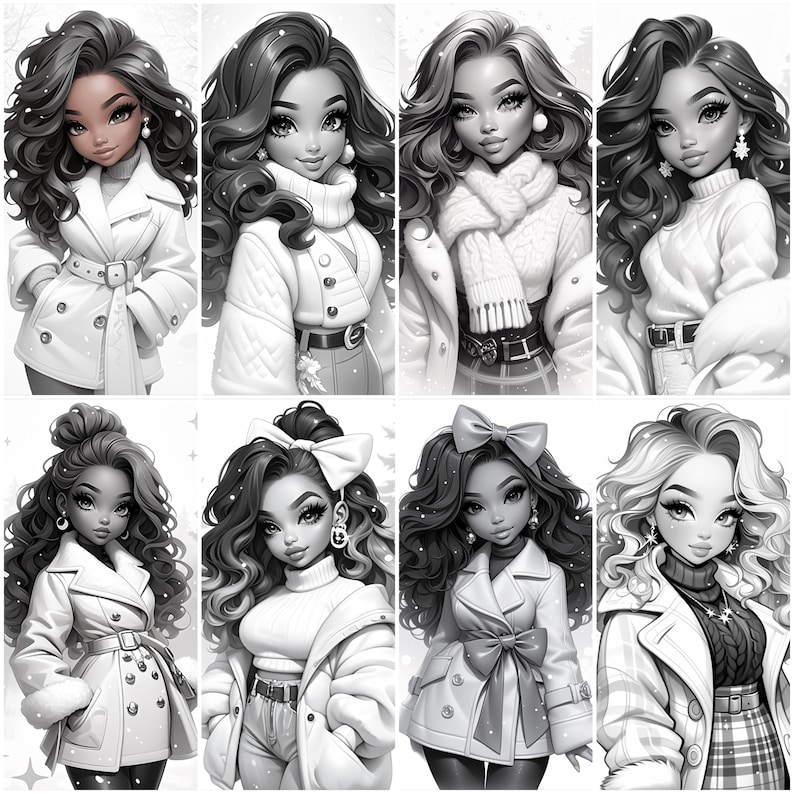 May include: Eight illustrations of women with different hairstyles and winter outfits. Each woman is wearing a white coat, a scarf, and a hat. The illustrations are in black and white.