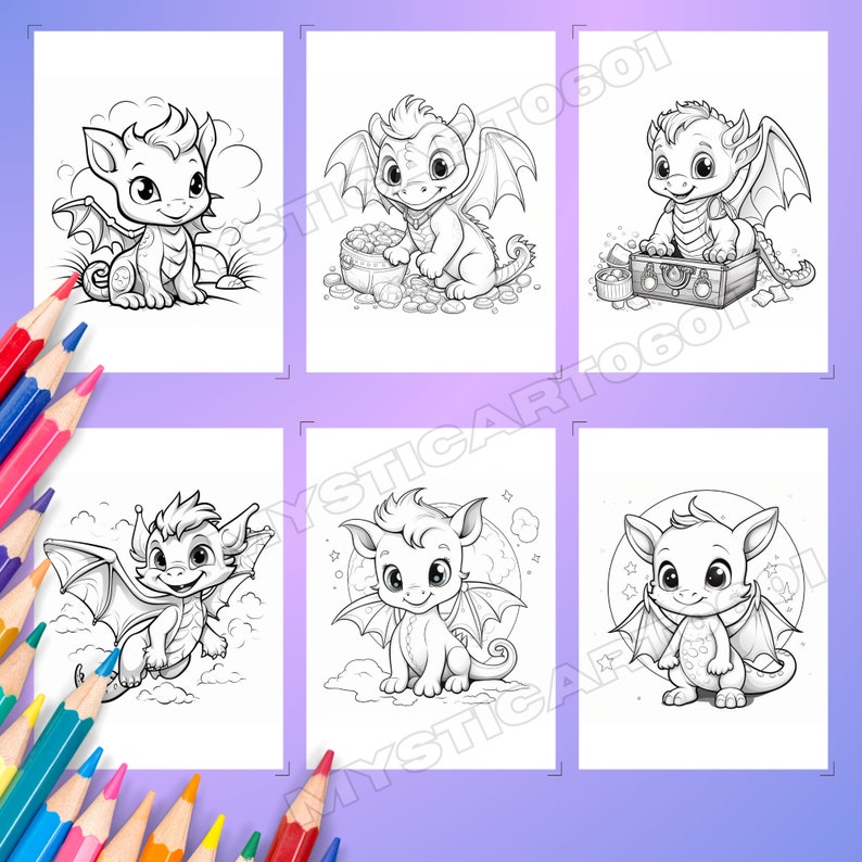 Baby Dragons Coloring book, Baby Dragon Coloring Book for Kids and Adults, Instant Download, Printable PDF, Grayscale Coloring Pages