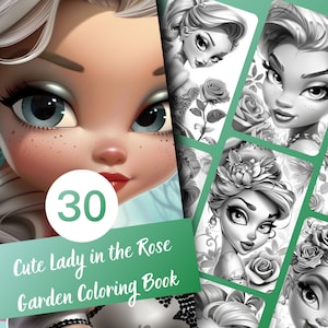 Cute Lady in the Rose Garden Coloring Book, Cute Lady in a Beautiful Rose garden, Grayscale Coloring Book for Kids and Adults, Instant Download, Printable PDF