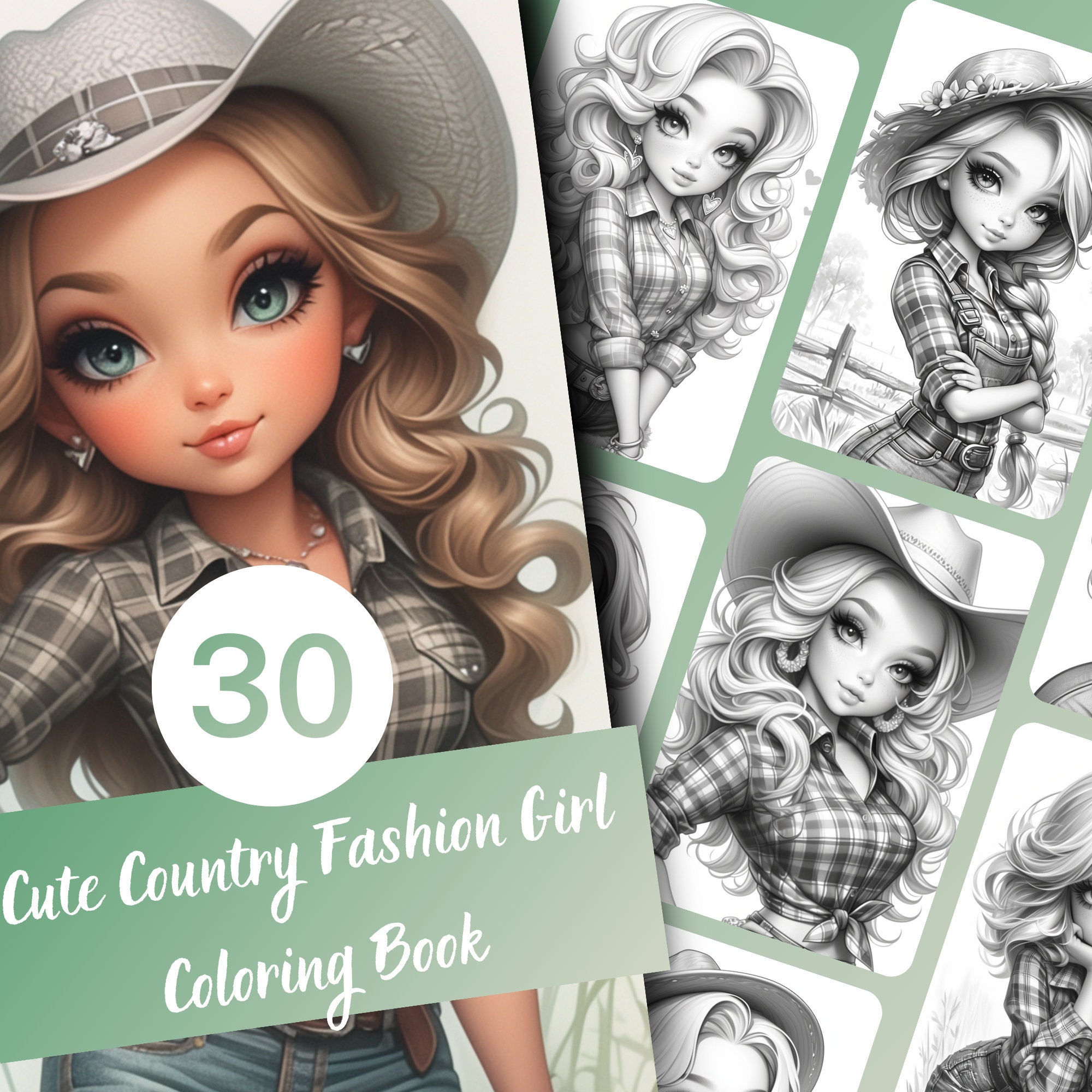 Cute Country Fashion Girl Coloring Book 30 Page Grayscale Coloring Book ...