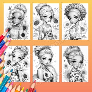 Sunflower coloring, Coloring book, Adult coloring, Girl coloring, Flower coloring, Sunflower girl, Grayscale book, Printable book, Sunflower field, Cute coloring, Flower pages, Sunflower print, Flower book