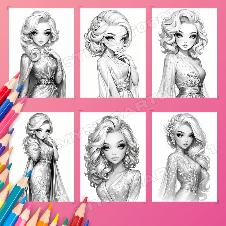 Cute Girl in Evening Dress Coloring Book, Adorable and Beautiful Girl in Evening Dress Grayscale Coloring Book for Kids and Adults, Printable PDF