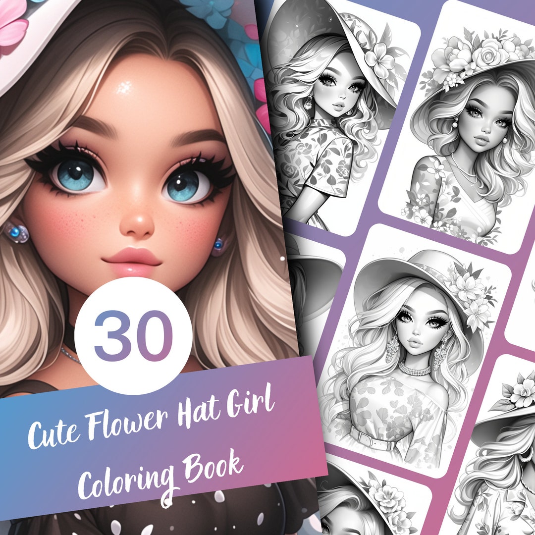 Flower Hat Girl Coloring Book – 30 Page Grayscale Art (printable PDF ...