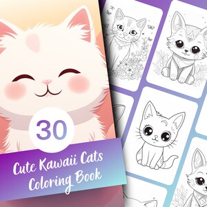 Cute Kawaii Cats Coloring Book, 30 Pages of Cute Kawaii Cat Coloring for Kids and Adults, Instant Download, Printable PDF, Kawaii Cats