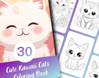 Libro para colorear de gatos kawaii para adultos y adolescentes, 30 páginas para colorear adorables, descarga instantánea en PDF imprimible.