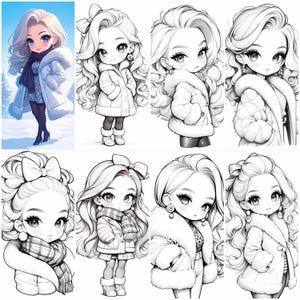 Winter Fashion Chibi Girl Coloring Book - 30 Page Grayscale Coloring Book for Kids and Adults, Instant Download, Printable PDF