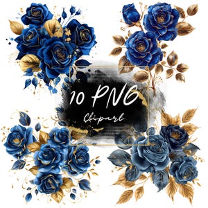 Blue Gold Rose Floral Clipart - 10 PNG Gold Rose Floral Illustrations,Commercial Use,Transparent Background