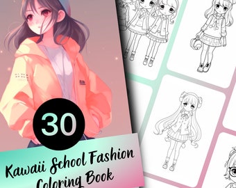 Kawaii School Fashion Coloring Book, 30 Page Kawaii Schoolchildren Coloring Book for Kids and Adults, Instant Download, Printable PDF,