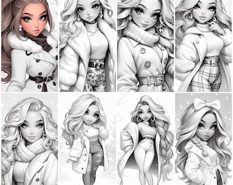 Winter Girls Coloring Book for Adults and Teens, 30 Grayscale Coloring Pages, Printable PDF Instant Download