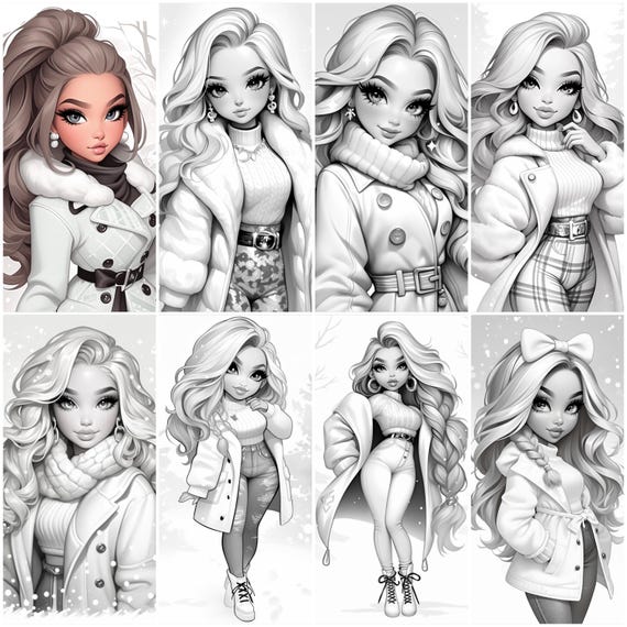 Winter Coloring Book for Girls, Cozy Winter Fashion, 60 Grayscale Pages, Printable PDF Instant Download