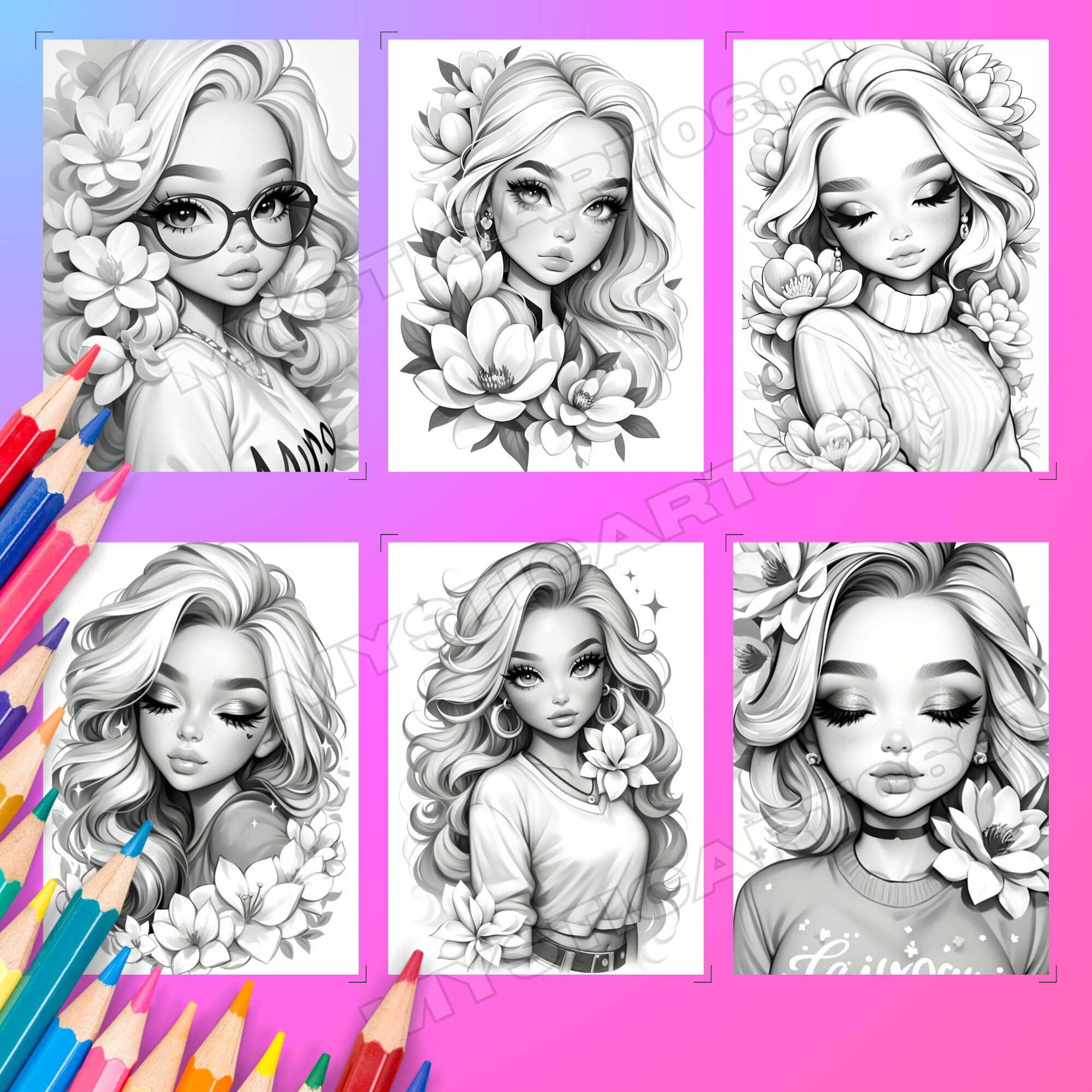 Magnolia Flower Girl Coloring Book – 60 Page Grayscale Art (printable ...