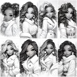 May include: A digital illustration of eight women with different hairstyles wearing winter clothing. Each woman is wearing a white coat or sweater with a black belt. The women have different facial features and expressions.