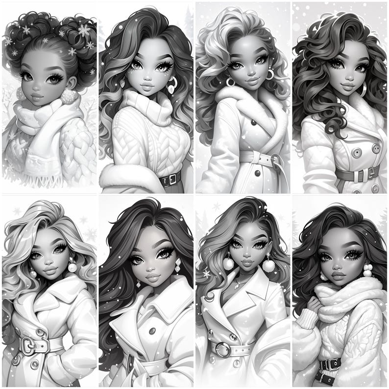 May include: A digital illustration of eight women with different hairstyles wearing winter clothing. Each woman is wearing a white coat or sweater with a black belt. The women have different facial features and expressions.