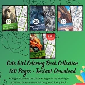 Cute girl and dragon coloring book collection cover showing four fantasy coloring books, 120 printable pages total, dragon and girl illustrations, instant download digital bundle