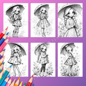 Cute Girl in Spring Rain Coloring Book, Cute Girl in Spring Rain Grayscale Coloring Book for Kids and Adults, Printable PDF