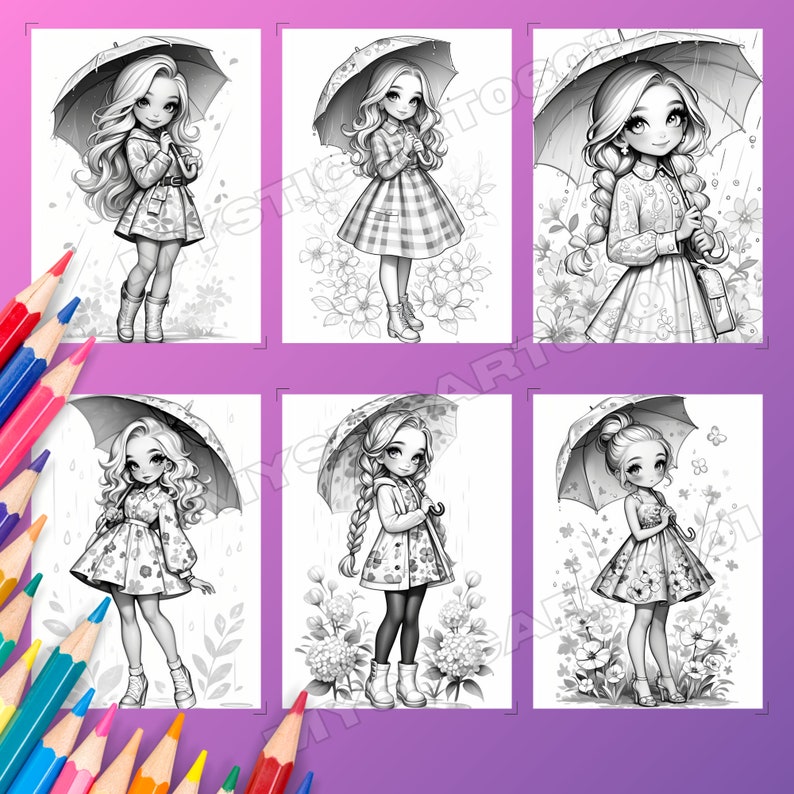 Cute Girl in Spring Rain Coloring Book, Cute Girl in Spring Rain Grayscale Coloring Book for Kids and Adults, Printable PDF