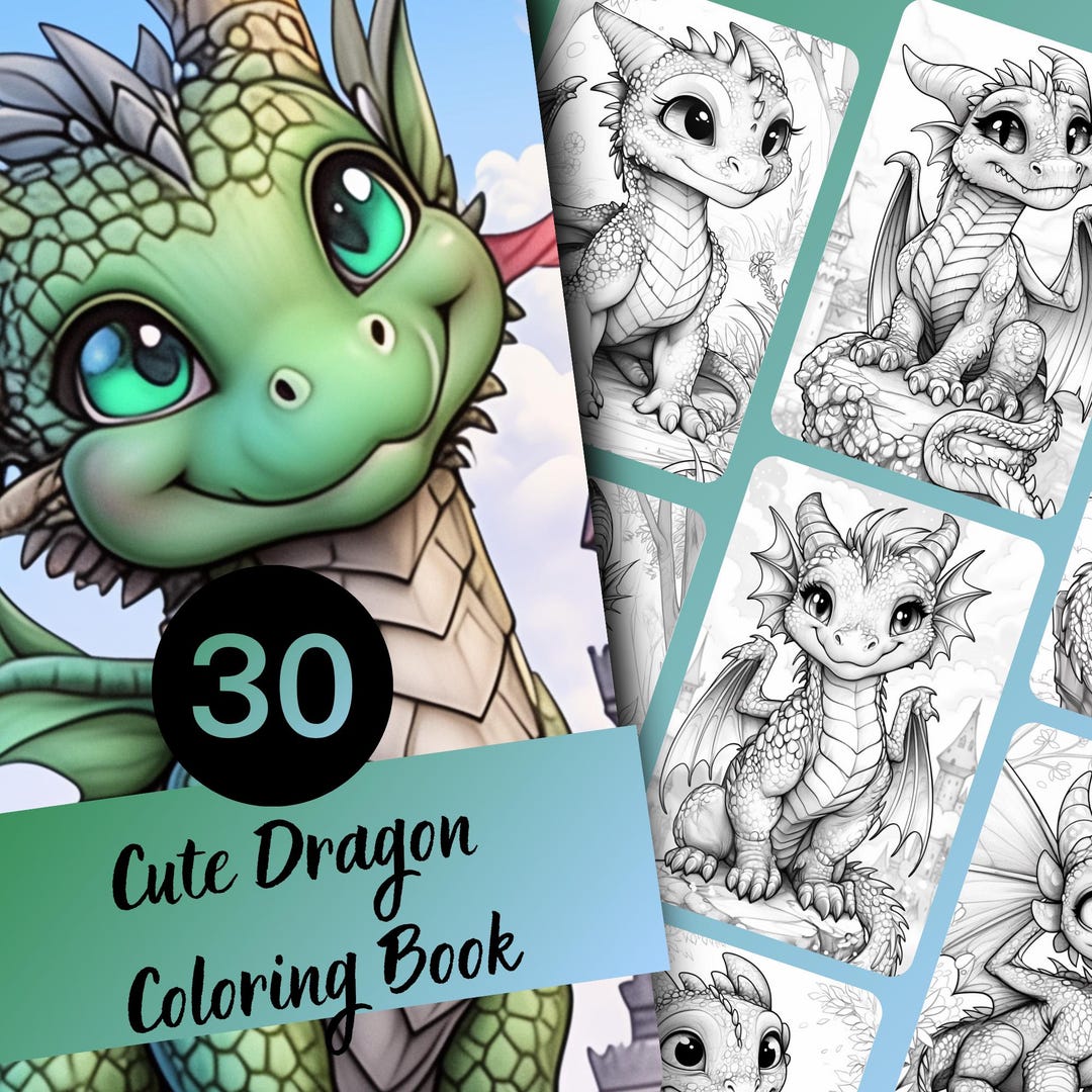 Cute Dragon Coloring Book 30 Page Grayscale Coloring Pages for Kids