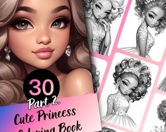 Livre de coloriage princesse pour adultes et adolescents, 30 pages à colorier en niveaux de gris, PDF imprimable téléchargement immédiat