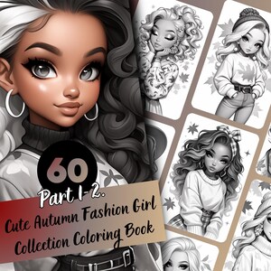 Fall Coloring Pages for Adults, Fashion Girl Autumn Coloring Book, 60 Grayscale Pages, Printable PDF