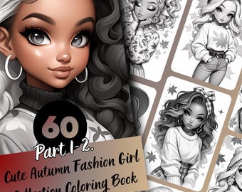 秋のファッションガールぬりえ – 60ページのグレースケールイラスト（印刷可能なPDF）