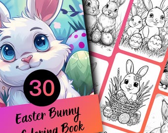 Easter Bunny Coloring Book for Adults and Teens, 30 Grayscale Coloring Pages, Printable PDF Instant Download