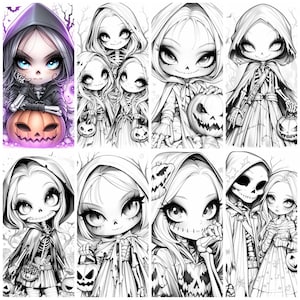 Cute Halloween Skeletons Coloring Book - 30 Page Grayscale Coloring Book for Kids and Adults,Instant Download,Printable PDF