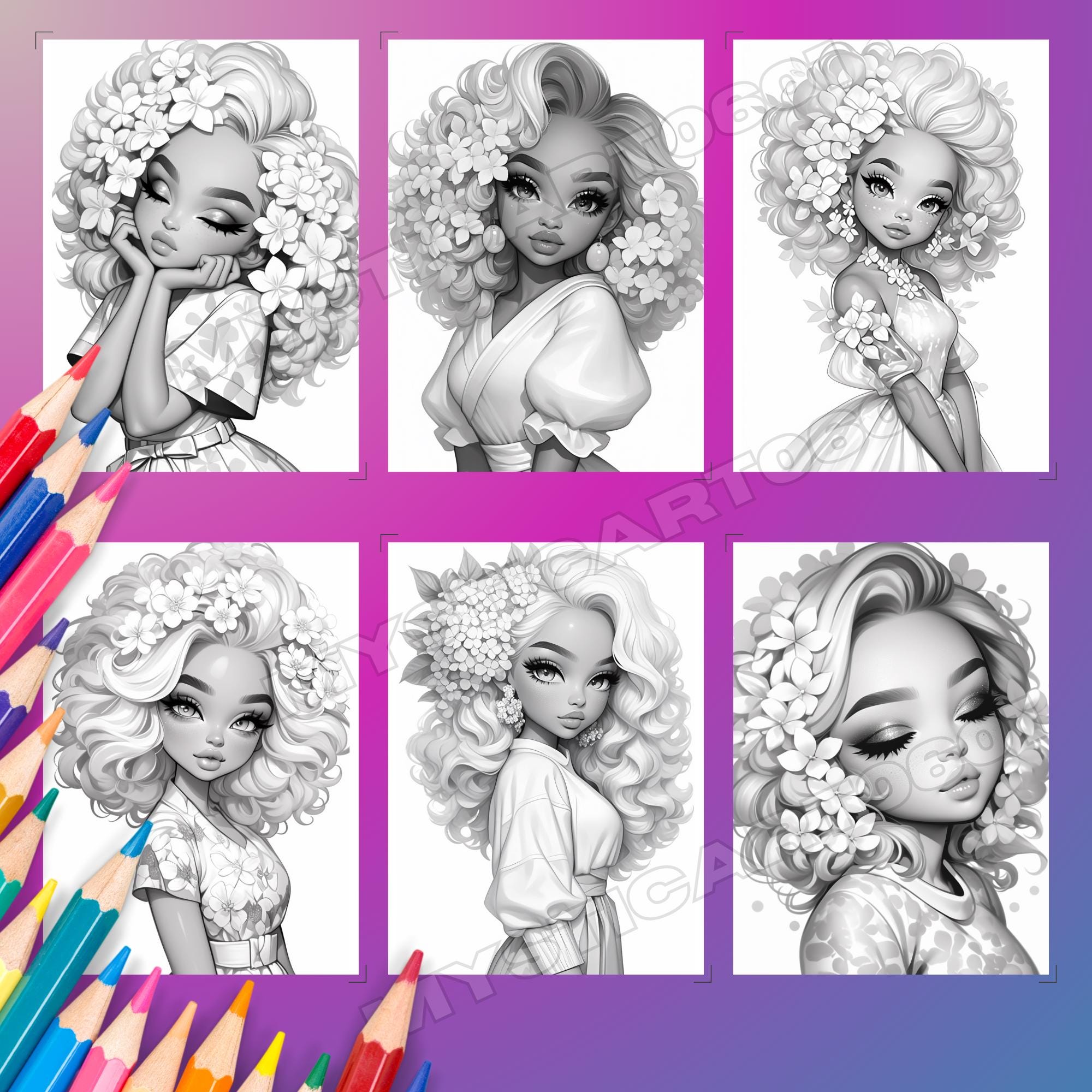 Hydrangea Girls Coloring Book - 10 Page Grayscale Mini Book (printable ...