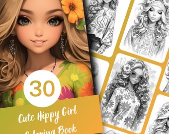 Hippie Girl Coloring Book for Adults and Teens, 30 Grayscale Coloring Pages, Printable PDF Instant Download
