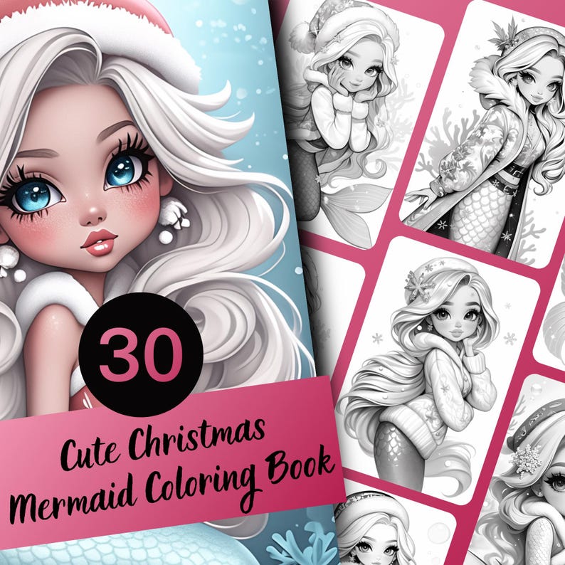 Cute Christmas Mermaid Girl Coloring Book – 30 grayscale coloring pages for kids and adults. This printable PDF is perfect for holiday fun, featuring cute mermaid art, Christmas coloring pages, and grayscale book designs. Enjoy instant download coloring pages that make a great mermaid gift or digital coloring activity. Includes a 30-page book of Xmas mermaid coloring, printable PDF art, and grayscale pages for festive creative fun.