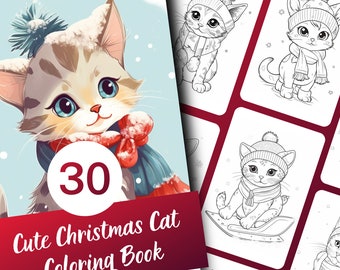 Dierenkleurboek, Kerstkat kleurplaten in grijstinten, 30 printbare PDF-downloads voor volwassenen en tieners