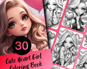 Kleurboek Heart Girl voor volwassenen en tieners, 30 kleurplaten in grijstinten, afdrukbare pdf direct downloaden
