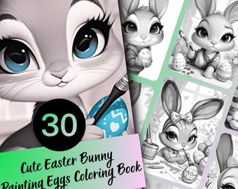 Easter Bunny Coloring Book for Adults and Teens, 30 Grayscale Coloring Pages, Printable PDF Instant Download