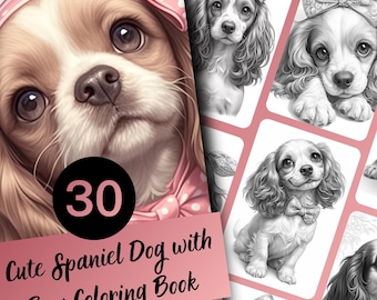 Dog Coloring Pages for Adults, Spaniel Dog Grayscale Coloring Book, 30 Pages, Printable PDF