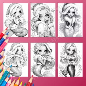 Cute Christmas Mermaid Girl Coloring Book – 30 grayscale coloring pages for kids and adults. This printable PDF is perfect for holiday fun, featuring cute mermaid art, Christmas coloring pages, and grayscale book designs. Enjoy instant download coloring pages that make a great mermaid gift or digital coloring activity. Includes a 30-page book of Xmas mermaid coloring, printable PDF art, and grayscale pages for festive creative fun.