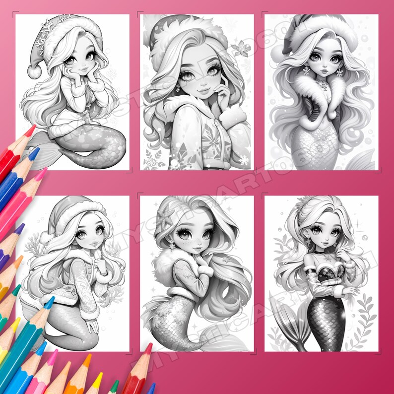 Cute Christmas Mermaid Girl Coloring Book – 30 grayscale coloring pages for kids and adults. This printable PDF is perfect for holiday fun, featuring cute mermaid art, Christmas coloring pages, and grayscale book designs. Enjoy instant download coloring pages that make a great mermaid gift or digital coloring activity. Includes a 30-page book of Xmas mermaid coloring, printable PDF art, and grayscale pages for festive creative fun.