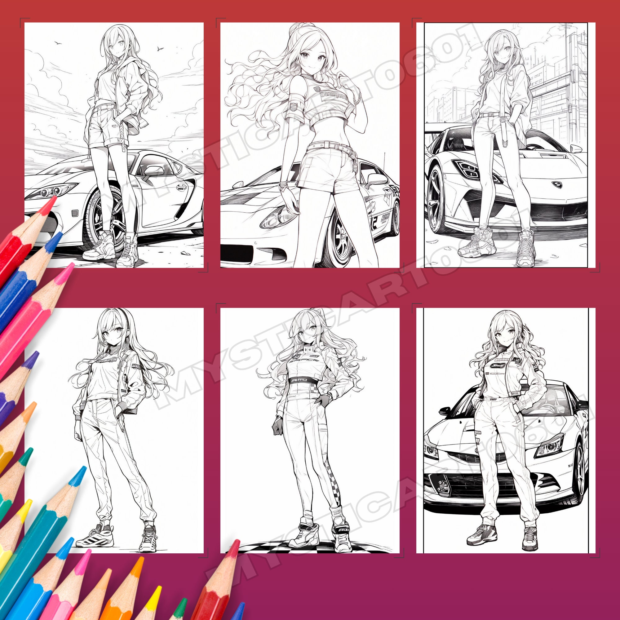 Anime Car Racing Girl Coloring Book, 30 Page Coloring Book Featuring ...